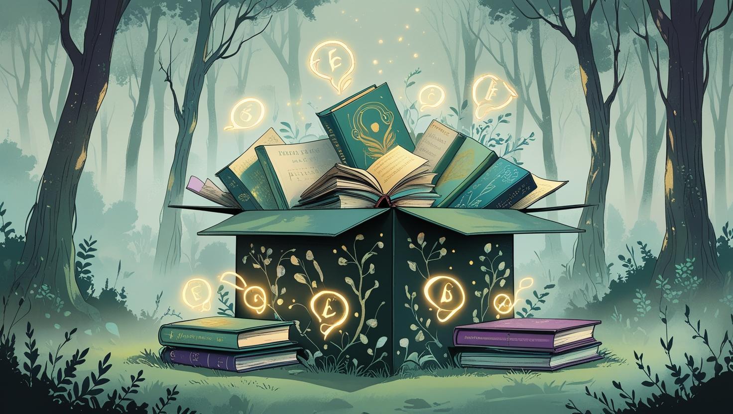 Illustration fantasy d’une box littéraire ouverte dans la forêt – livres magiques, lumière féerique et ambiance enchantée