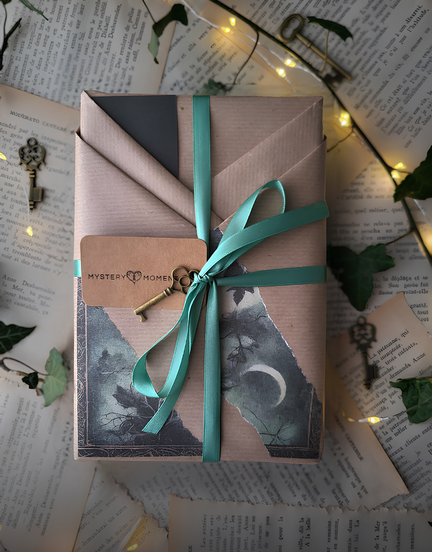 Mystery Moment – Livre mystère emballé façon kraft surprise, avec ruban satin vert, ambiance forêt et touches mystiques