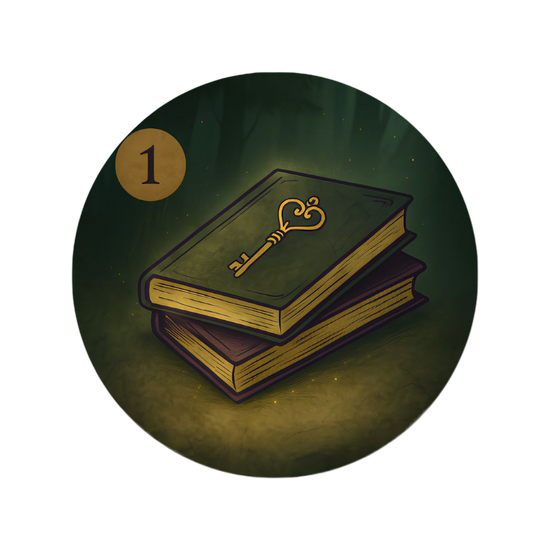 Icône étape 1 - Choisir sa Mystery Moment  Box: illustration d'un livre vert orné d'une clé doré sur fond mystérieux, représentant la sélection du genre littéraire préféré (fantasy, romance, thriller)