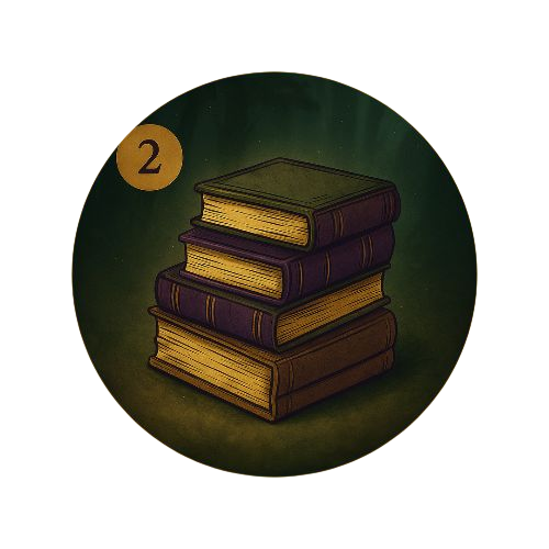 Icône étape 2 - Évitez les doublons: illustration d'une pile de livre violets et dorés sur fond vert mystérieux, symbolisant l'indication des livres déjà lus pour une box inédite 
