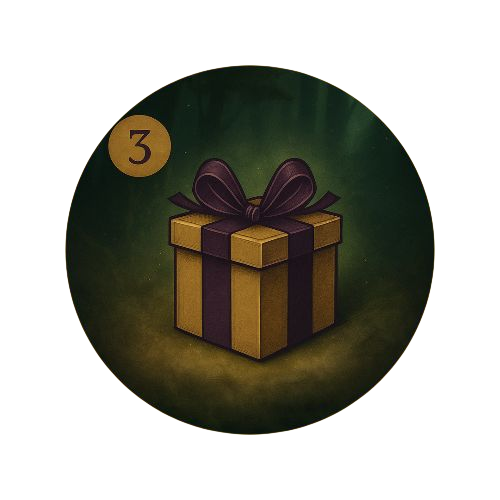 Icône étape 3: Box mystère livrée: illustration d'un coffret cadeau violet et or dans une forêt enchantée, symbolisant la réception de la Mystery Moment Box à domicile pour une expérience magique